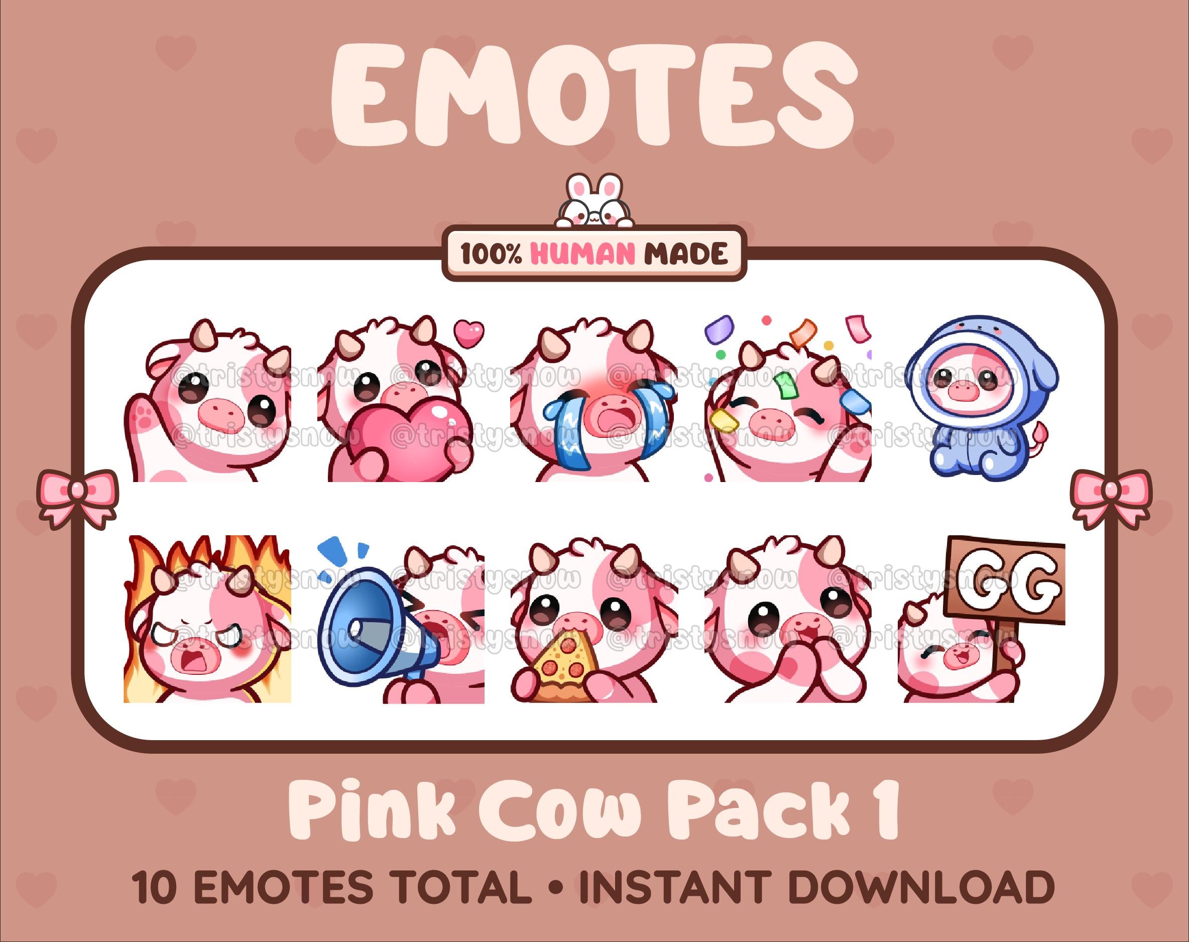 Pink Cow Twitch emote pack featuring 10 emotes including GG, angry, cry, and hype.