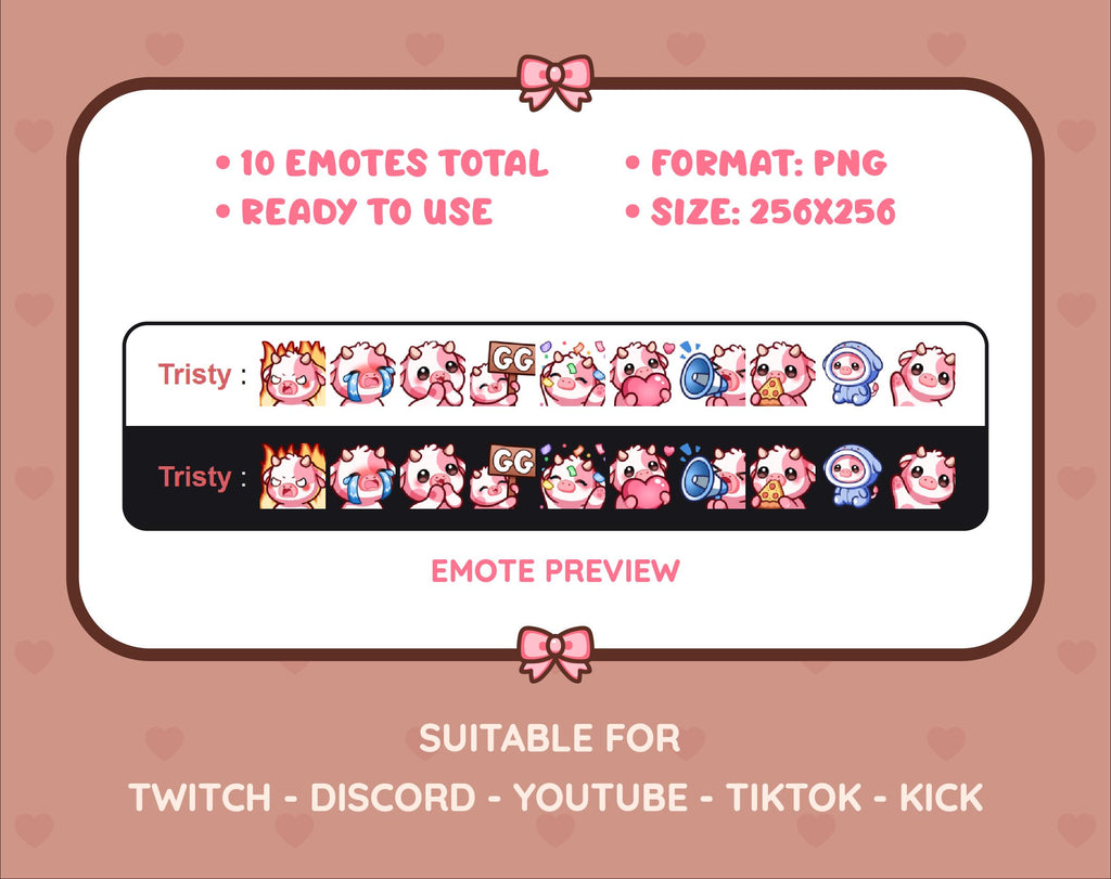 Pink Cow Twitch emote pack preview displaying all 10 emotes with format and size information.