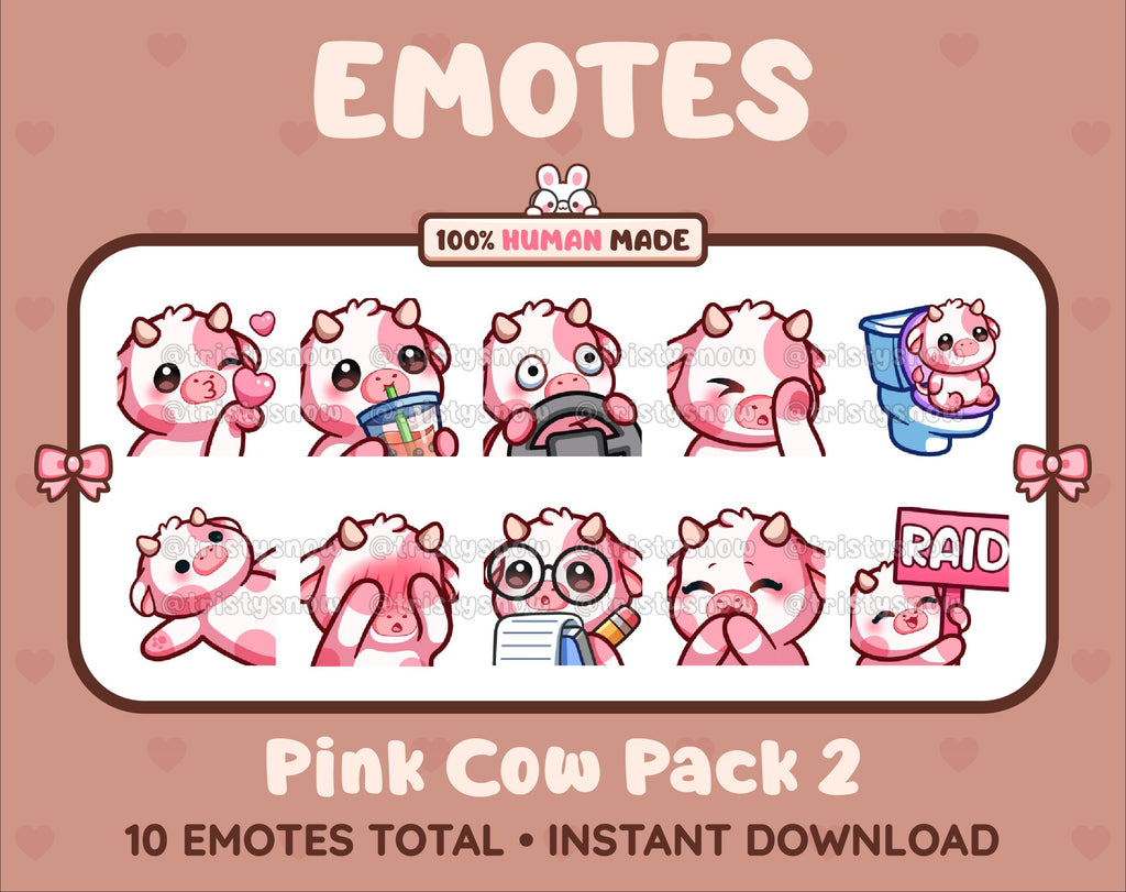 Pink Cow Twitch emote pack featuring 10 emotes including kiss, facepalm, shy, and raid.