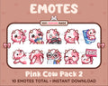 Pink Cow Twitch emote pack featuring 10 emotes including kiss, facepalm, shy, and raid.