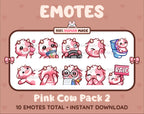 Pink Cow Twitch emote pack featuring 10 emotes including kiss, facepalm, shy, and raid.