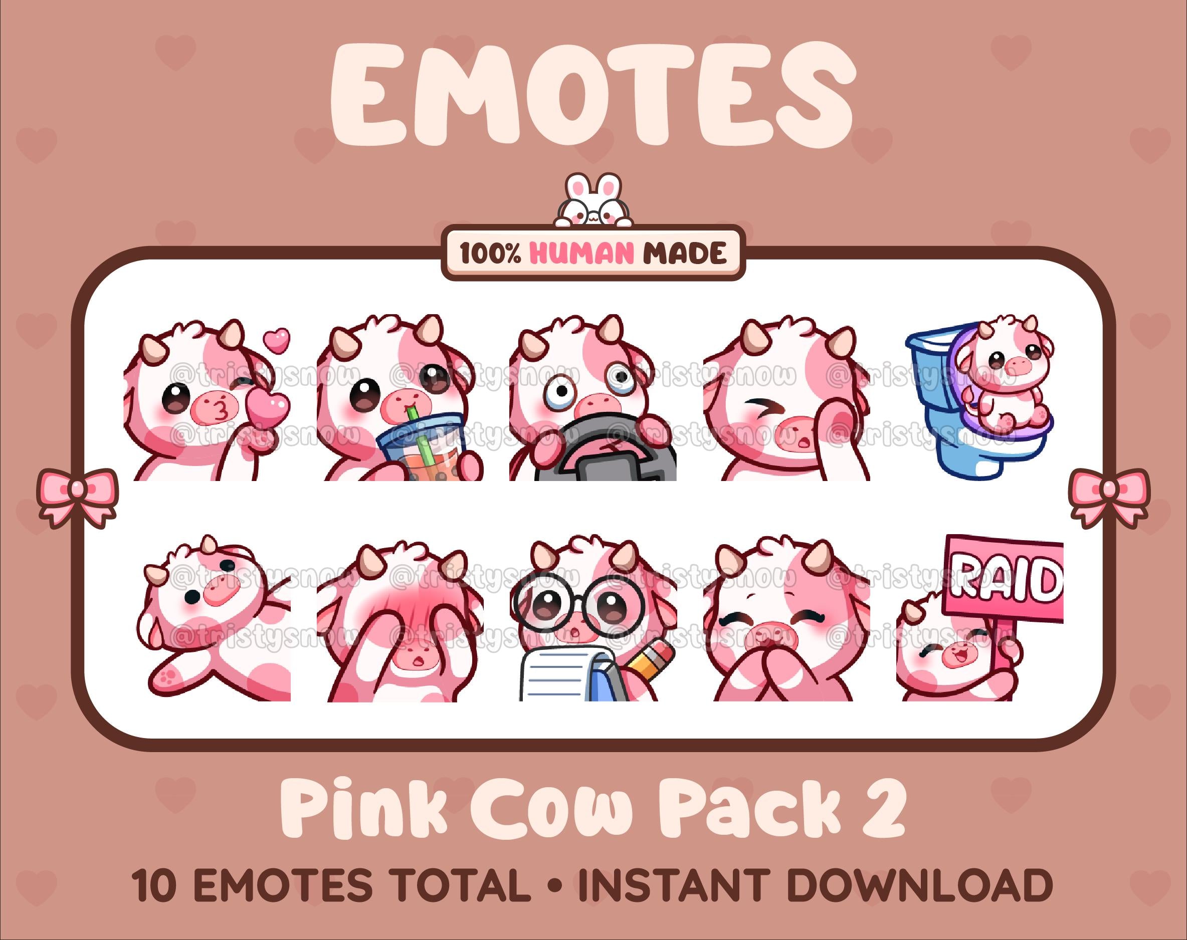 Pink Cow Twitch emote pack featuring 10 emotes including kiss, facepalm, shy, and raid.