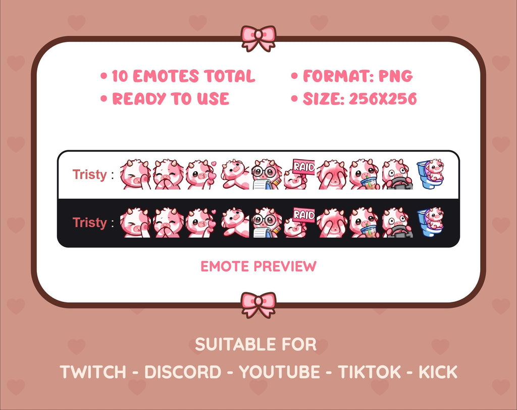 Pink Cow Twitch emote pack preview displaying all 10 emotes with format and size information.