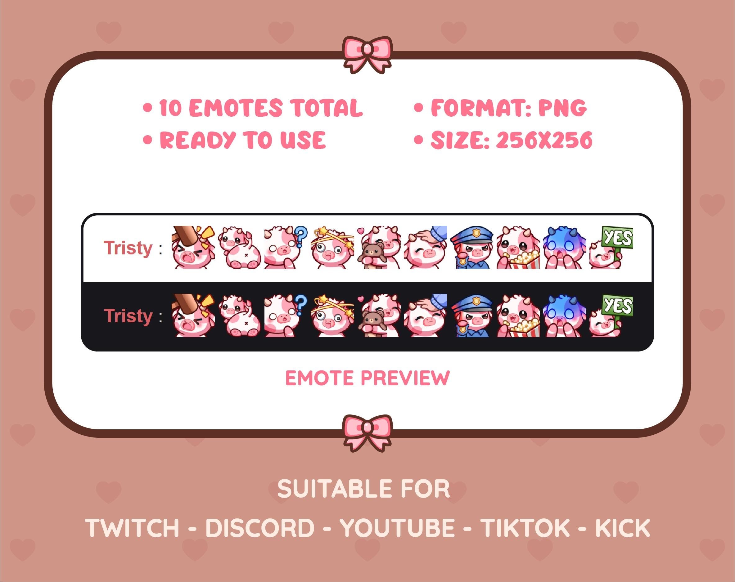 Pink Cow Twitch emote pack preview displaying all 10 emotes with format and size information.