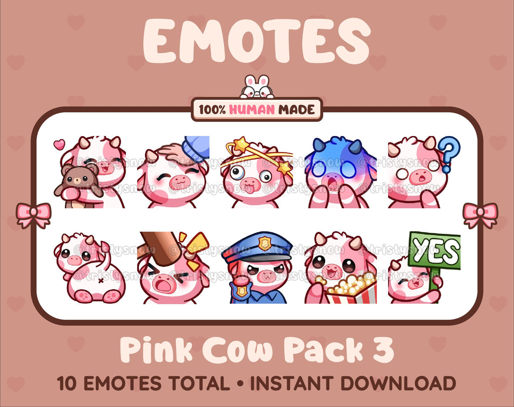 Pink Cow Twitch emote pack featuring 10 emotes including hug, scared, bonk, and popcorn.