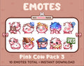 Pink Cow Twitch emote pack featuring 10 emotes including hug, scared, bonk, and popcorn.