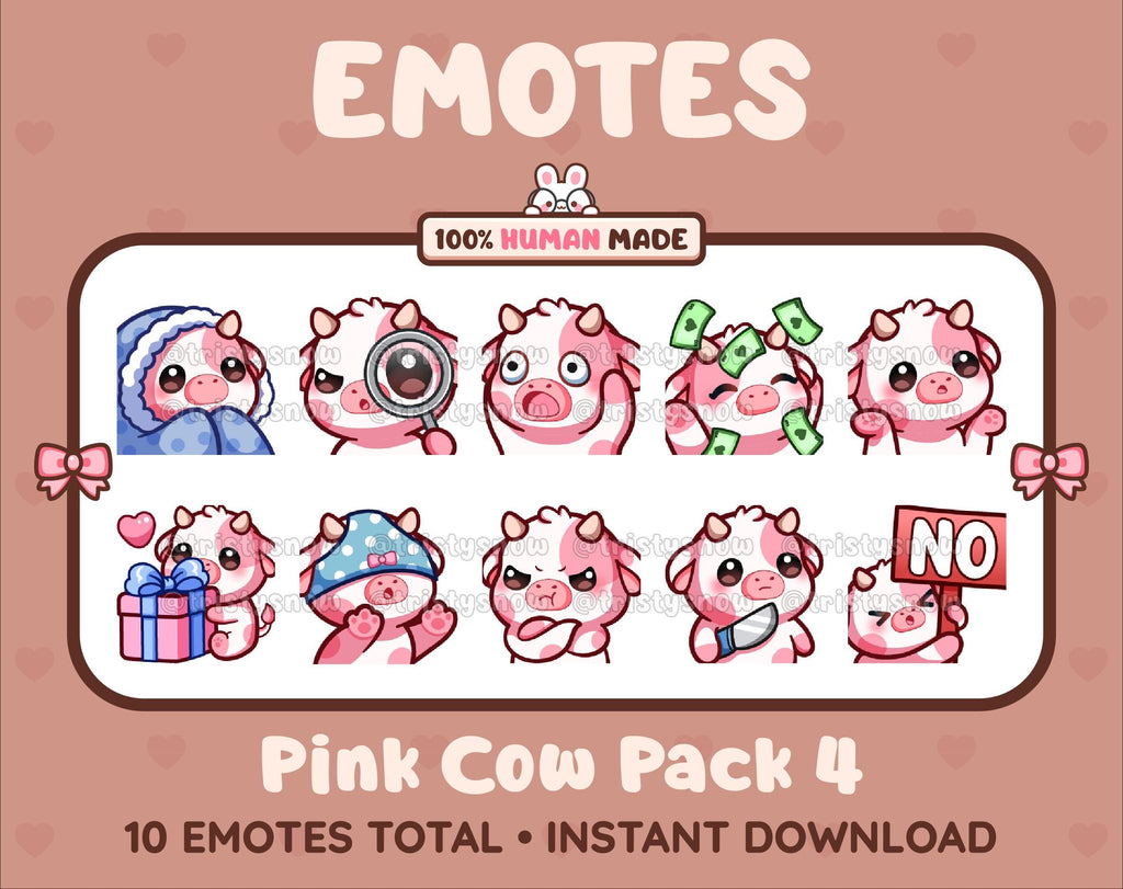 Pink Cow Twitch emote pack featuring 10 emotes including cozy, sus, panic, and shrug.