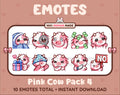 Pink Cow Twitch emote pack featuring 10 emotes including cozy, sus, panic, and shrug.