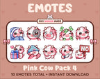 Pink Cow Twitch emote pack featuring 10 emotes including cozy, sus, panic, and shrug.