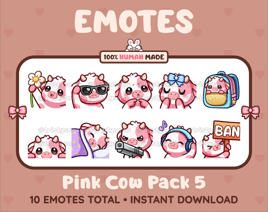 Pink Cow Twitch emote pack featuring 10 emotes including flower, cool, plead, and lurk.