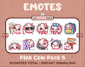 Pink Cow Twitch emote pack featuring 10 emotes including flower, cool, plead, and lurk.