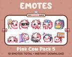 Pink Cow Twitch emote pack featuring 10 emotes including flower, cool, plead, and lurk.