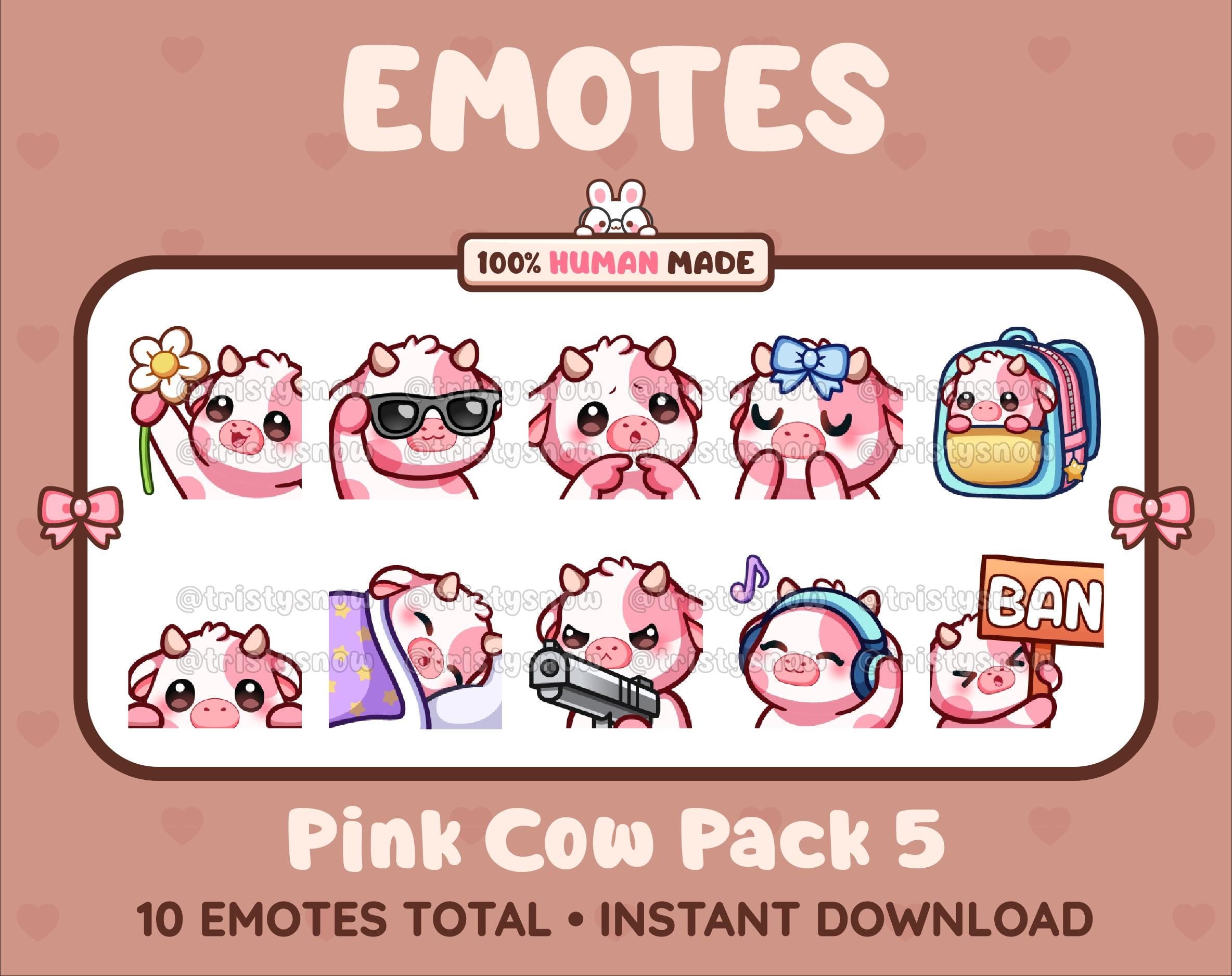 Pink Cow Twitch emote pack featuring 10 emotes including flower, cool, plead, and lurk.