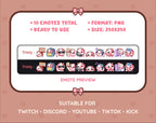 Pink Cow Twitch emote pack preview displaying all 10 emotes with format and size information.