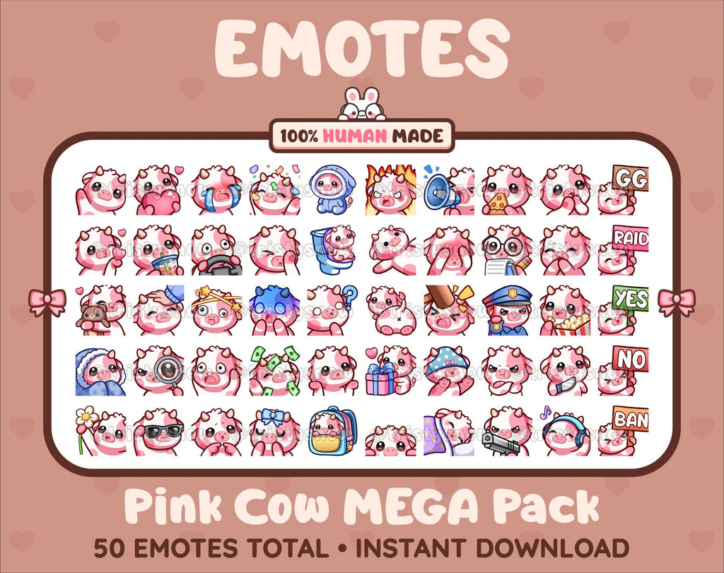 Pink Cow Twitch emote mega pack featuring 50 emotes including hype, kiss, raid, and lurk.