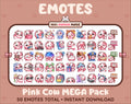 Pink Cow Twitch emote mega pack featuring 50 emotes including hype, kiss, raid, and lurk.
