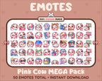 Pink Cow Twitch emote mega pack featuring 50 emotes including hype, kiss, raid, and lurk.