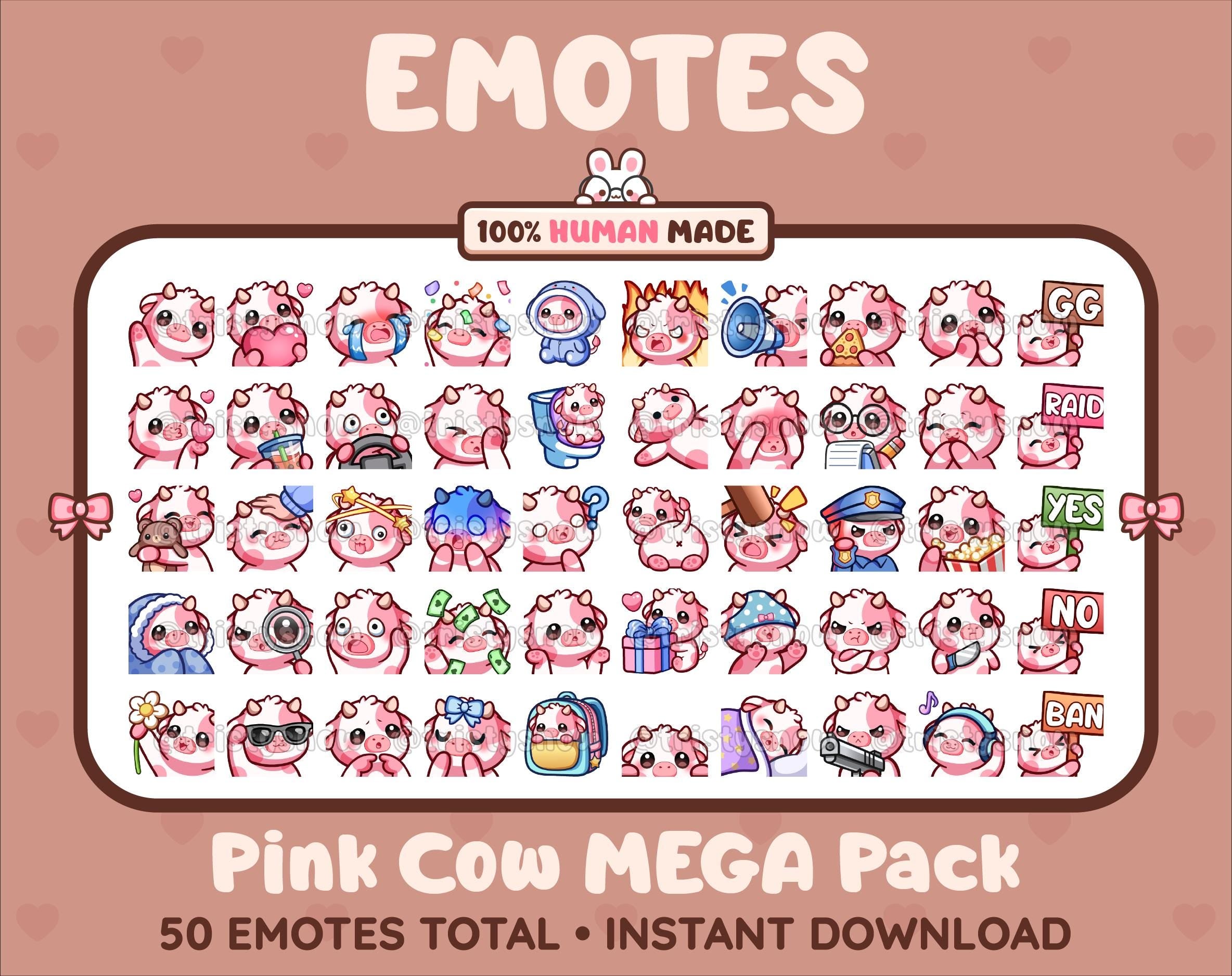 Pink Cow Twitch emote mega pack featuring 50 emotes including hype, kiss, raid, and lurk.