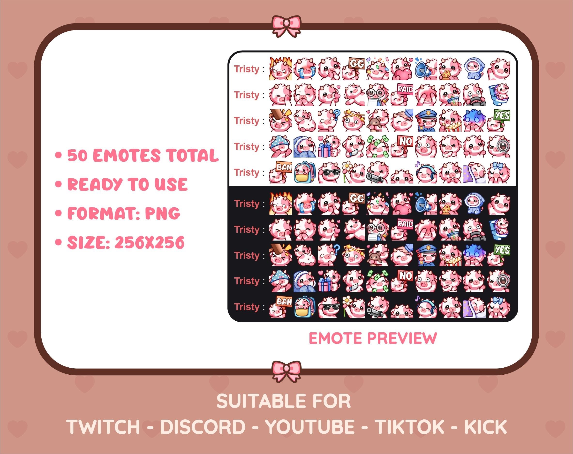 Pink Cow Twitch emote mega pack preview displaying all 50 emotes with format and size information.