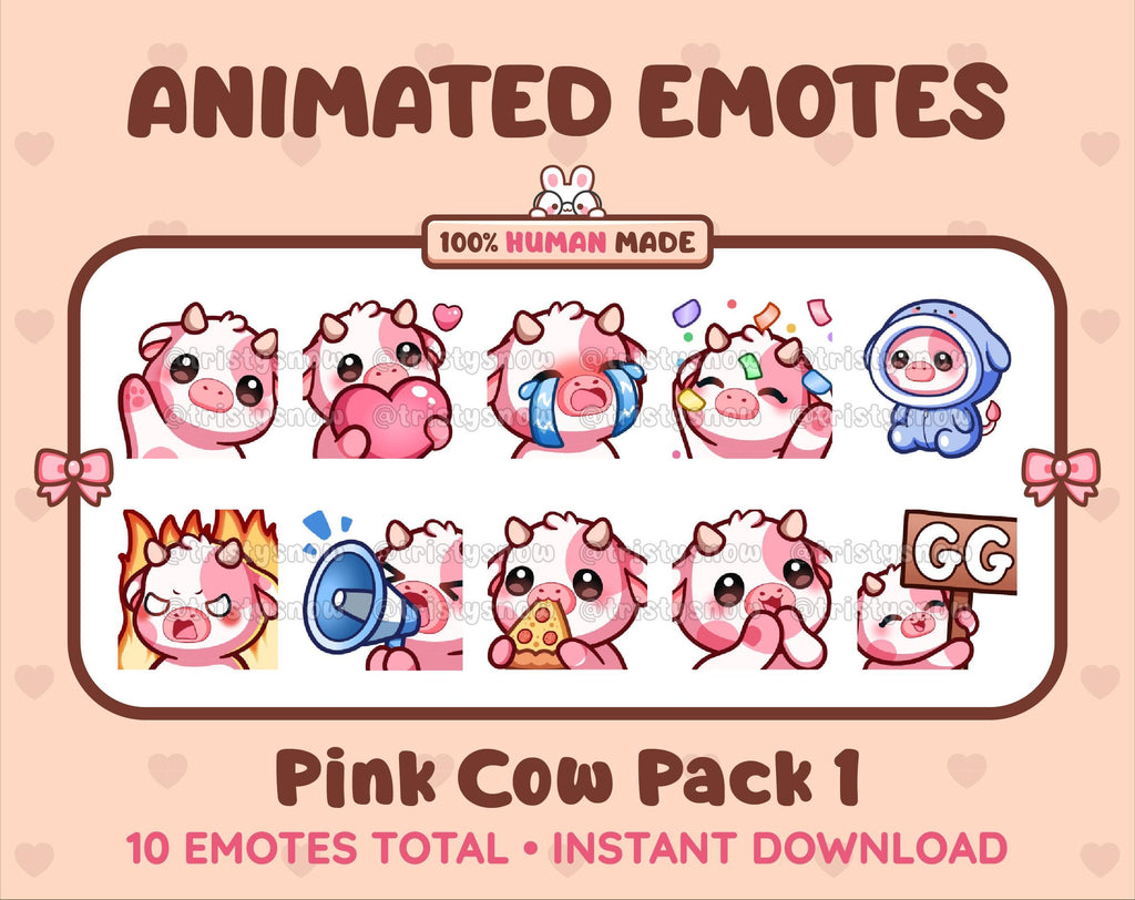 Pink Cow animated Twitch emote pack featuring 10 emotes including GG, angry, cry, and hype.