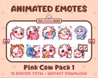 Pink Cow animated Twitch emote pack featuring 10 emotes including GG, angry, cry, and hype.