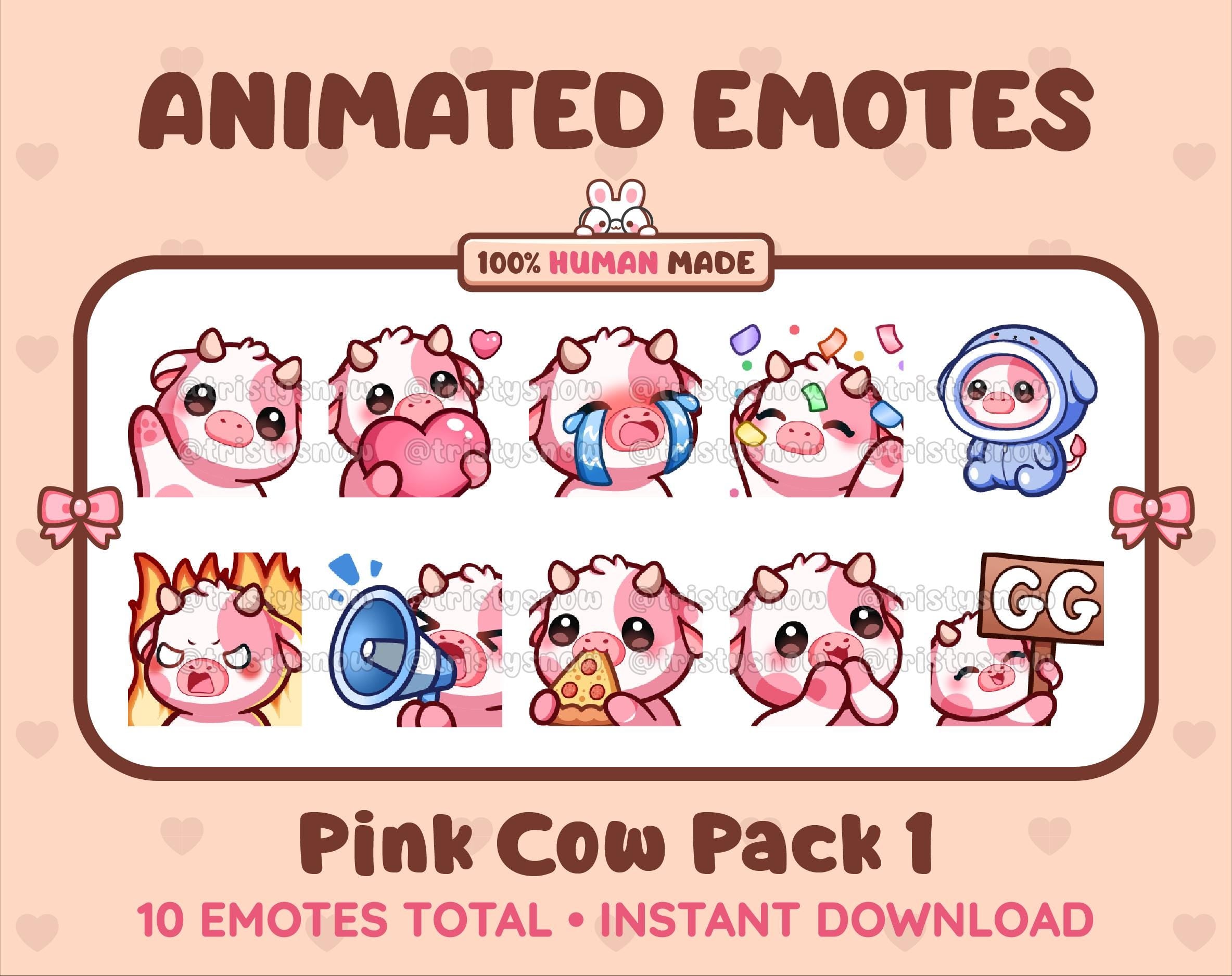 Pink Cow animated Twitch emote pack featuring 10 emotes including GG, angry, cry, and hype.