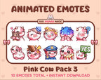 Pink Cow animated Twitch emote pack featuring 10 emotes including hug, scared, bonk, and popcorn.