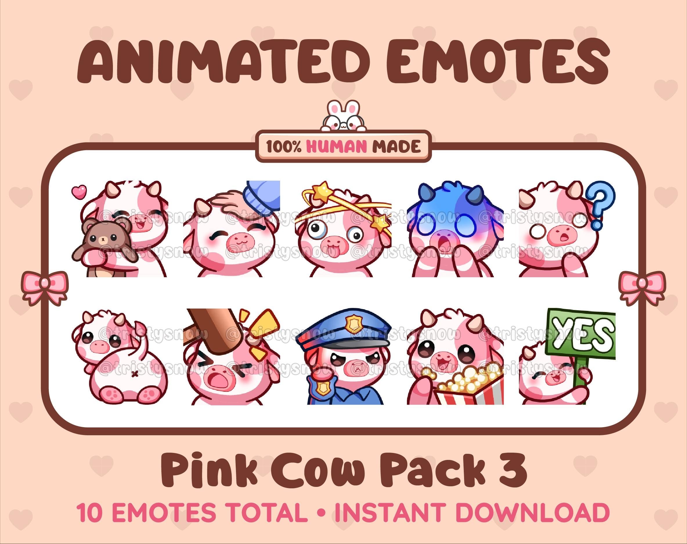 Pink Cow animated Twitch emote pack featuring 10 emotes including hug, scared, bonk, and popcorn.