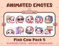 Pink Cow animated Twitch emote pack featuring 10 emotes including flower, cool, plead, and lurk.