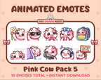 Pink Cow animated Twitch emote pack featuring 10 emotes including flower, cool, plead, and lurk.