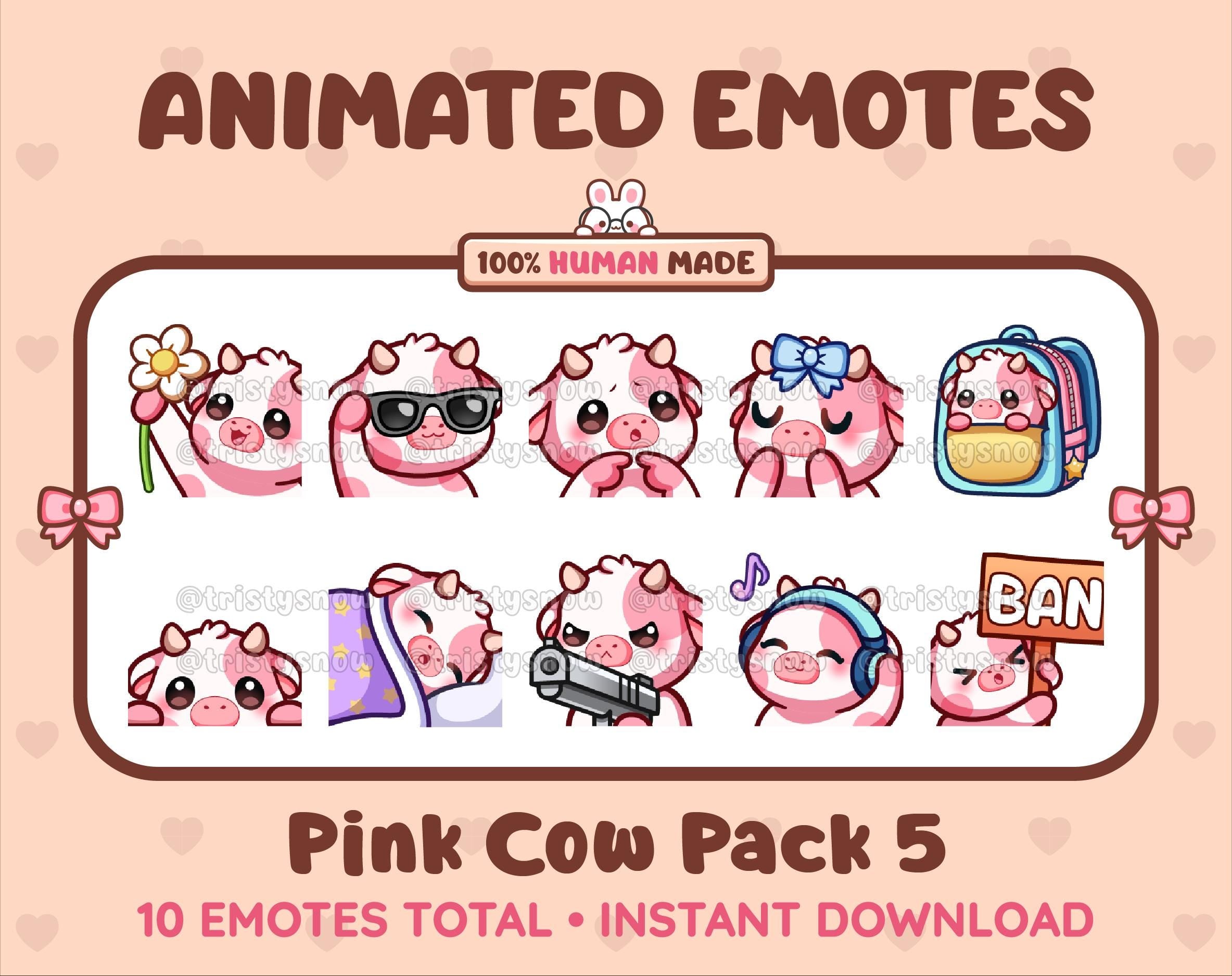 Pink Cow animated Twitch emote pack featuring 10 emotes including flower, cool, plead, and lurk.