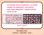Pink Cow animated Twitch emote mega pack preview displaying all 50 emotes with format and size information.