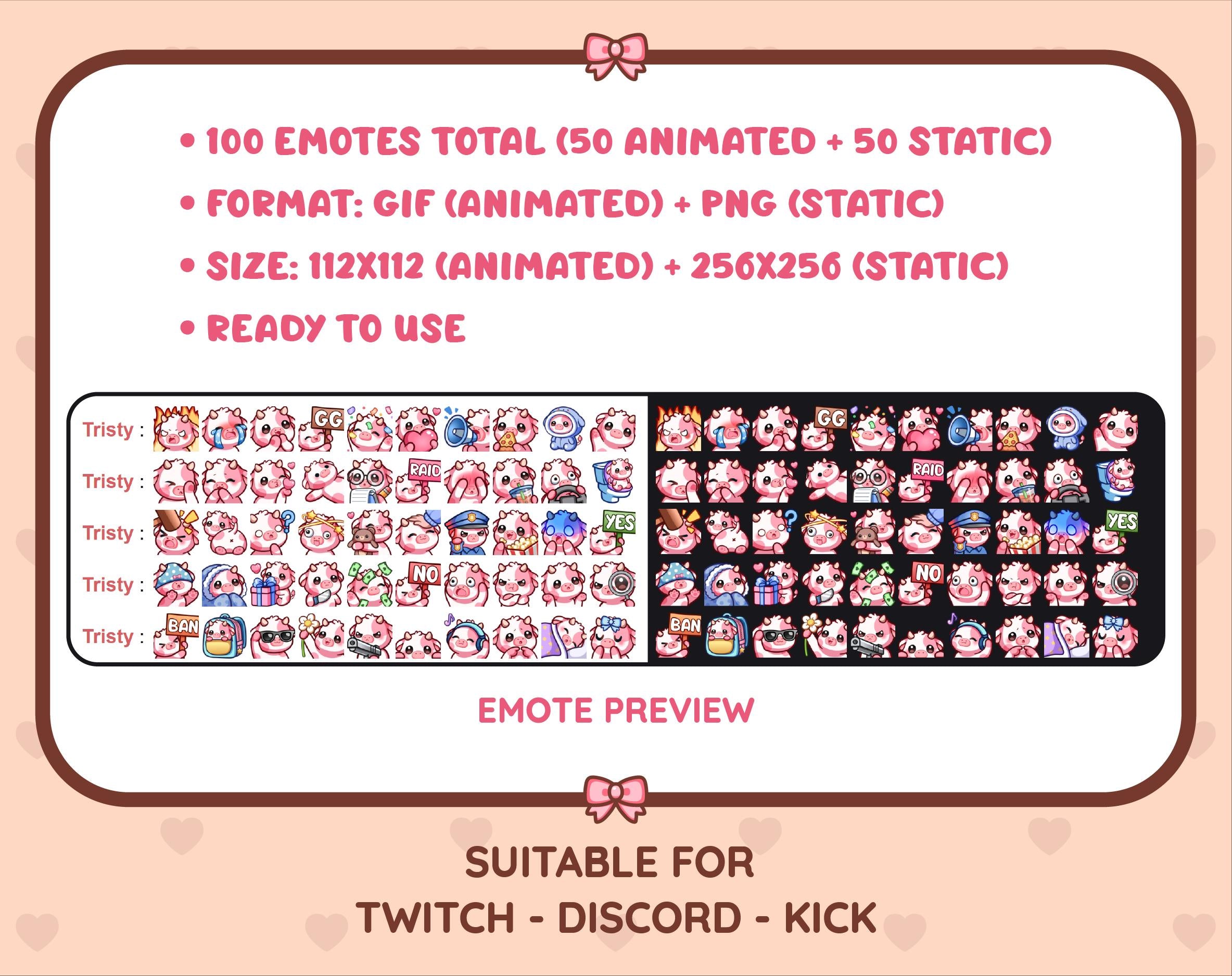 Pink Cow animated Twitch emote mega pack preview displaying all 50 emotes with format and size information.