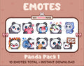 Panda Bear Twitch emote pack featuring 10 emotes including GG, angry, cry, and hype.