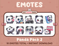 Panda Bear Twitch emote pack featuring 10 emotes including kiss, facepalm, shy, and raid.