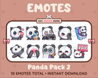 Panda Bear Twitch emote pack featuring 10 emotes including kiss, facepalm, shy, and raid.