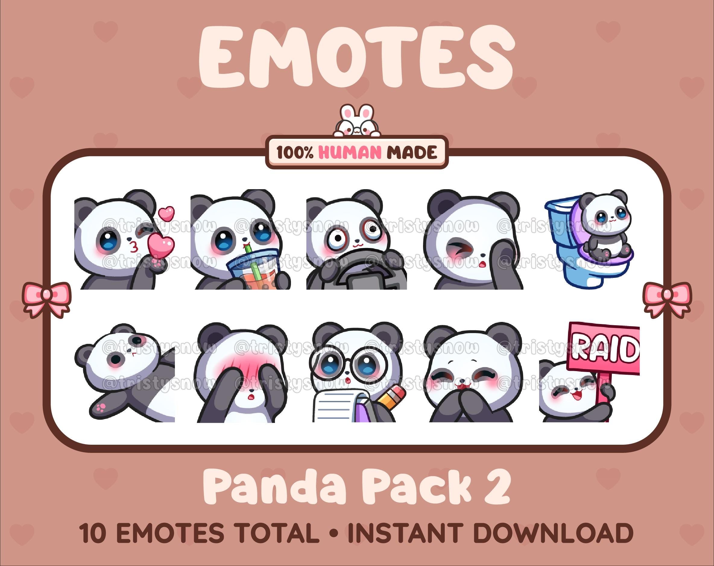 Panda Bear Twitch emote pack featuring 10 emotes including kiss, facepalm, shy, and raid.