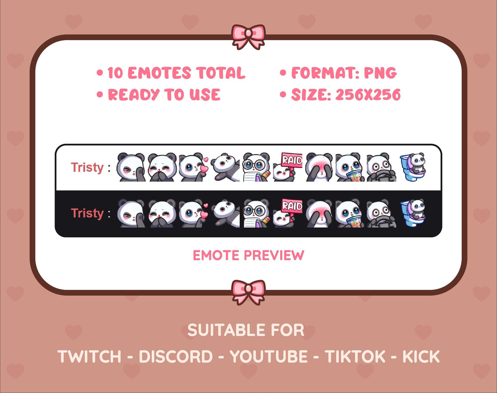 Panda Bear Twitch emote pack preview displaying all 10 emotes with format and size information.