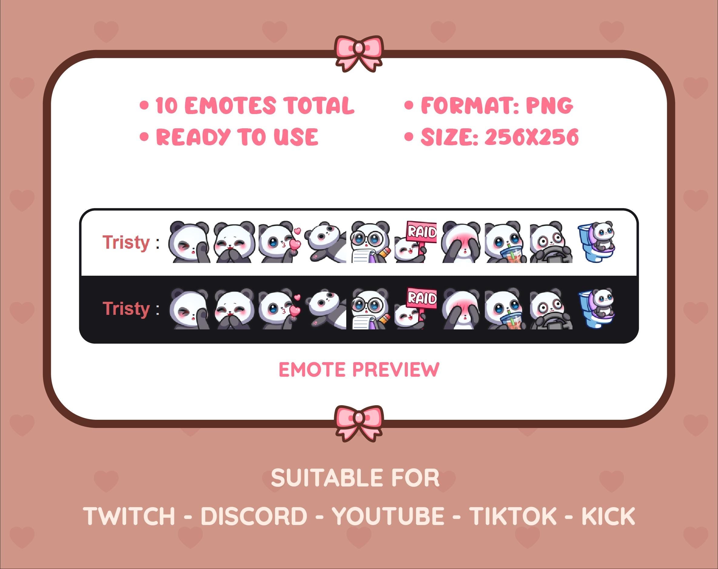 Panda Bear Twitch emote pack preview displaying all 10 emotes with format and size information.