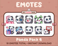 Panda Bear Twitch emote pack featuring 10 emotes including cozy, sus, panic, and shrug.