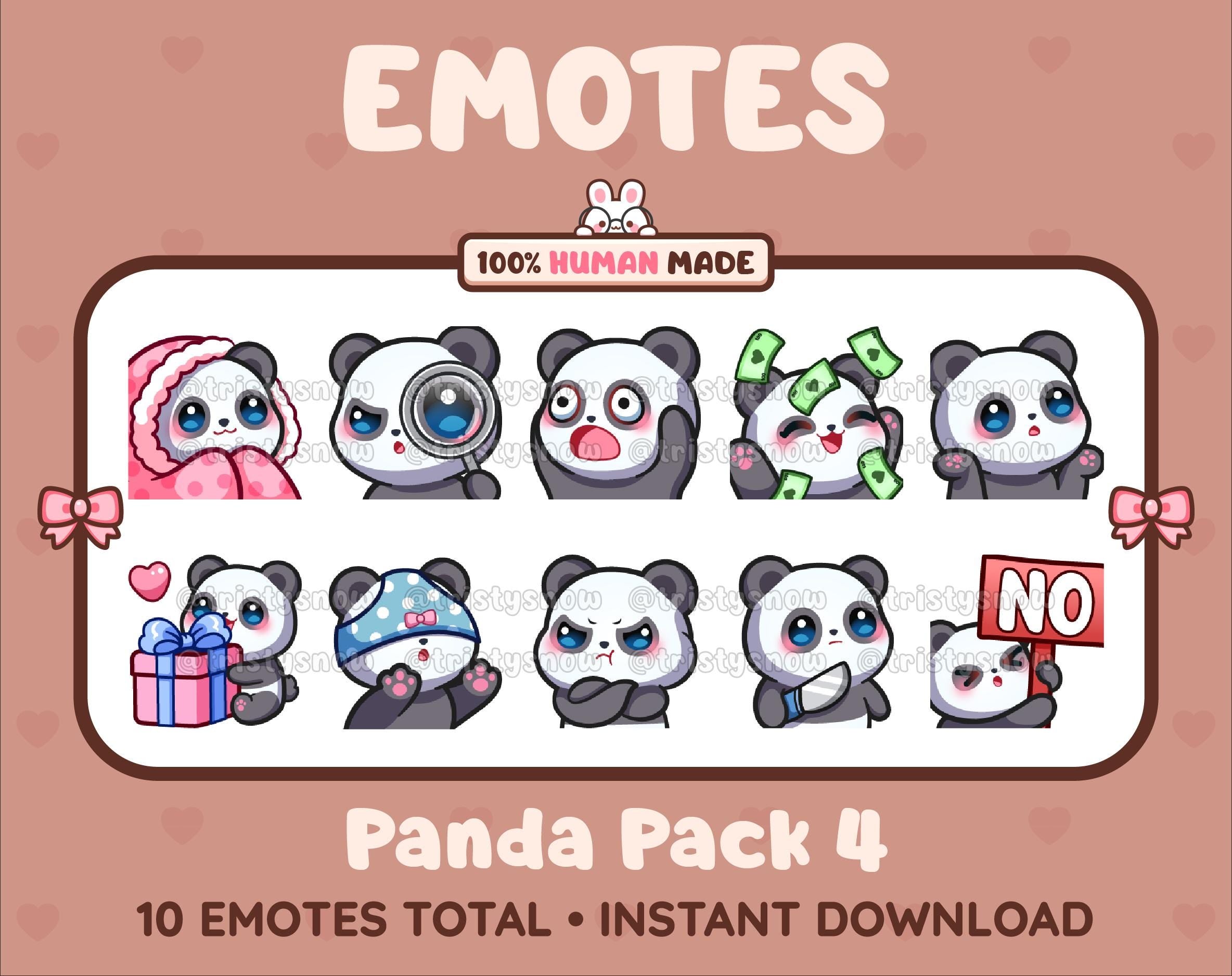 Panda Bear Twitch emote pack featuring 10 emotes including cozy, sus, panic, and shrug.