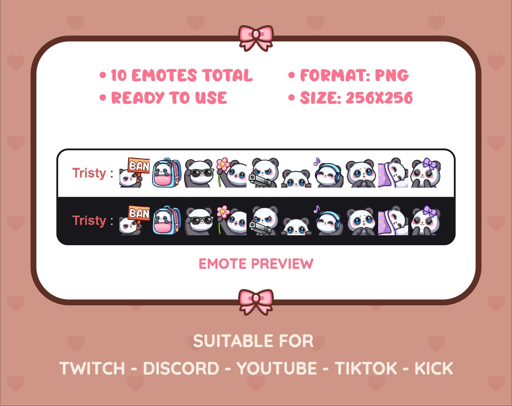 Panda Bear Twitch emote pack preview displaying all 10 emotes with format and size information.