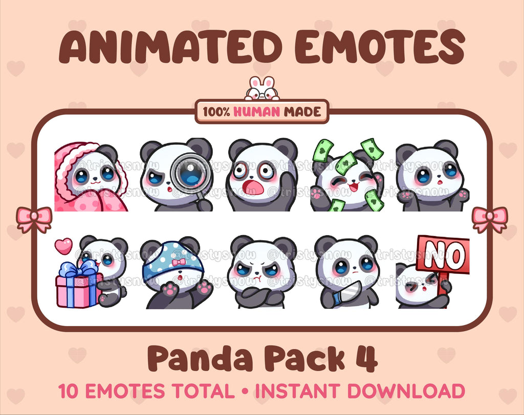 Panda Bear animated Twitch emote pack featuring 10 emotes including cozy, sus, panic, and shrug.