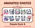 Panda Bear animated Twitch emote pack featuring 10 emotes including cozy, sus, panic, and shrug.
