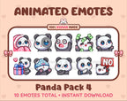 Panda Bear animated Twitch emote pack featuring 10 emotes including cozy, sus, panic, and shrug.