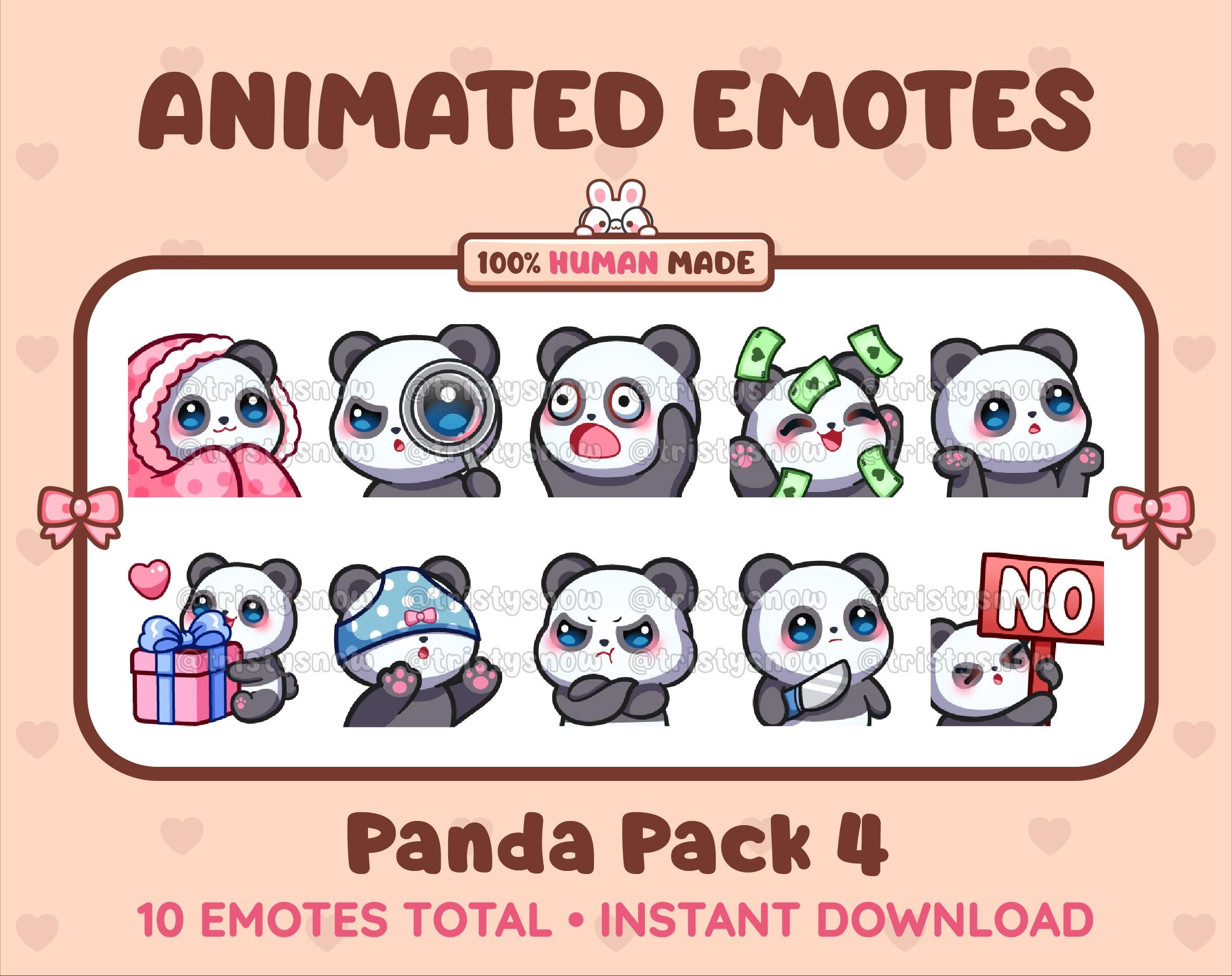 Panda Bear animated Twitch emote pack featuring 10 emotes including cozy, sus, panic, and shrug.