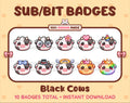 Black Cow Twitch sub badge pack featuring 10 subscriber badges with progressive addon elements.