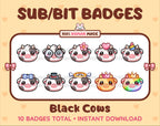 Black Cow Twitch sub badge pack featuring 10 subscriber badges with progressive addon elements.