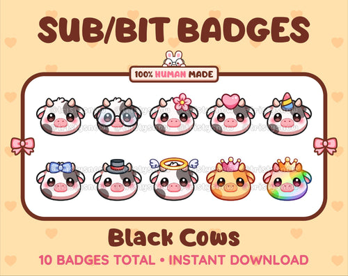 Black Cow Twitch sub badge pack featuring 10 subscriber badges with progressive addon elements.