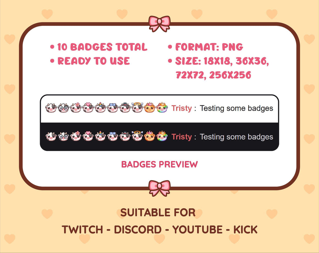 Black Cow Twitch sub badge pack preview displaying all 10 subscriber badges with format and size information.